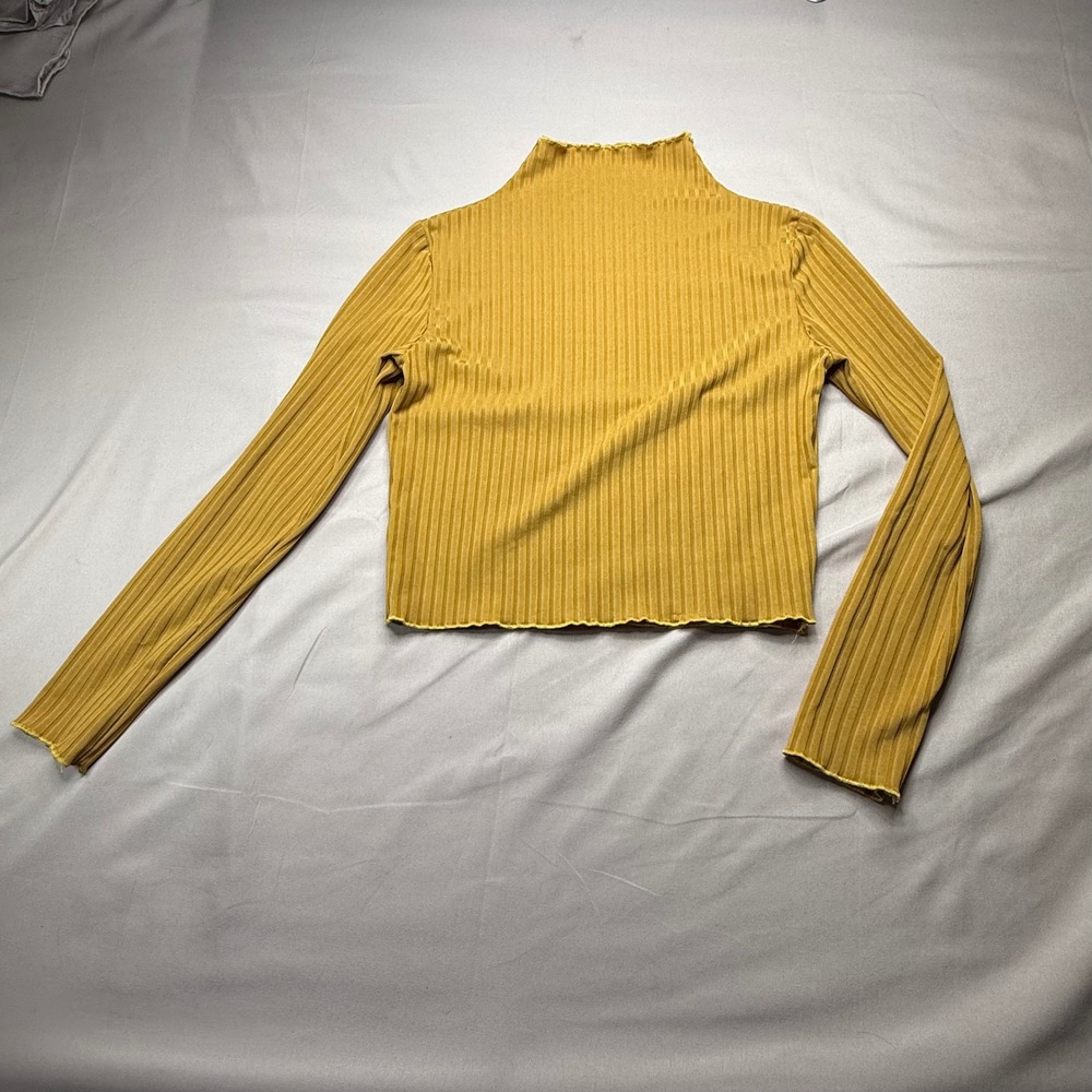 Mustard Yellow Mock Neck Ribbed Long Sleeve Lettuce Edge Crop Top Size M
